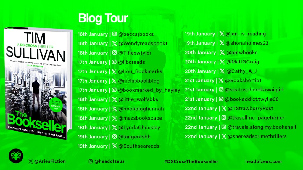 Blog tour banner for The Bookseller by Tim Sullivan